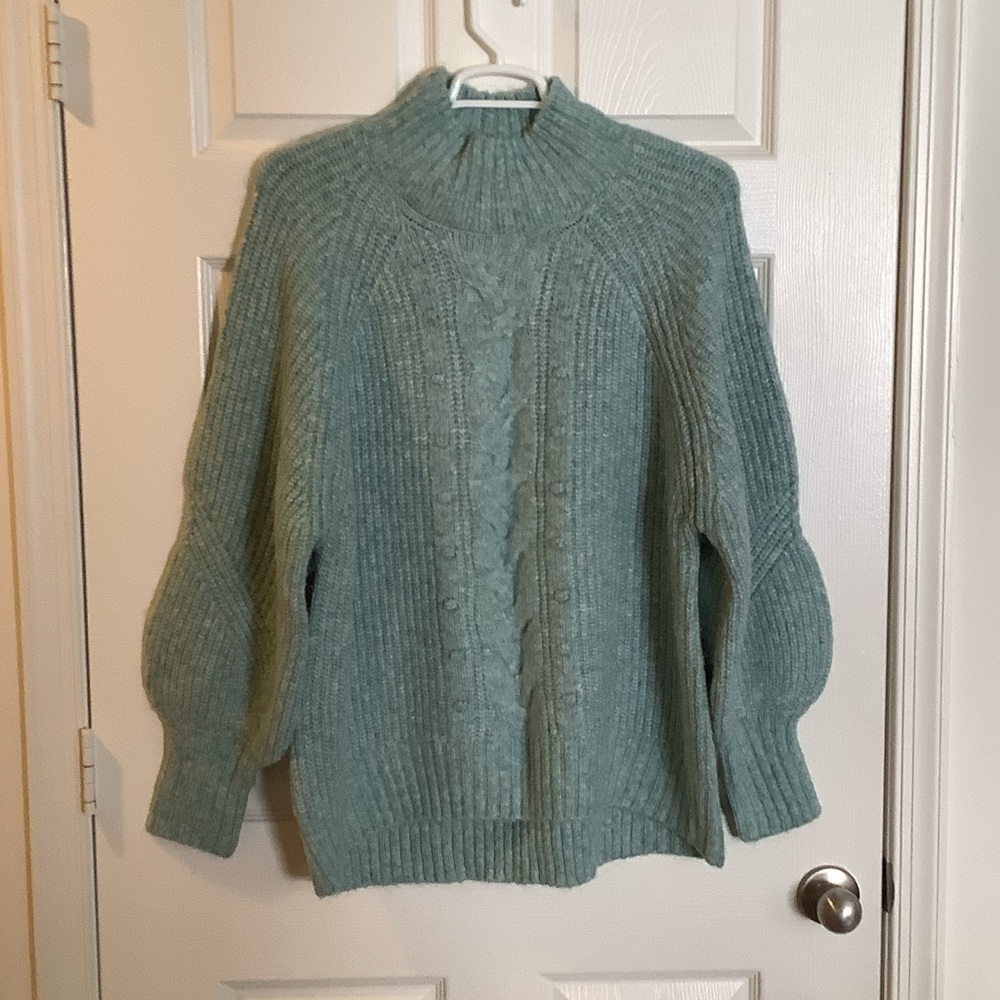 Ava & Viv Heather Blue Cable Knit Mock Turtleneck Sweater (Plus Size)